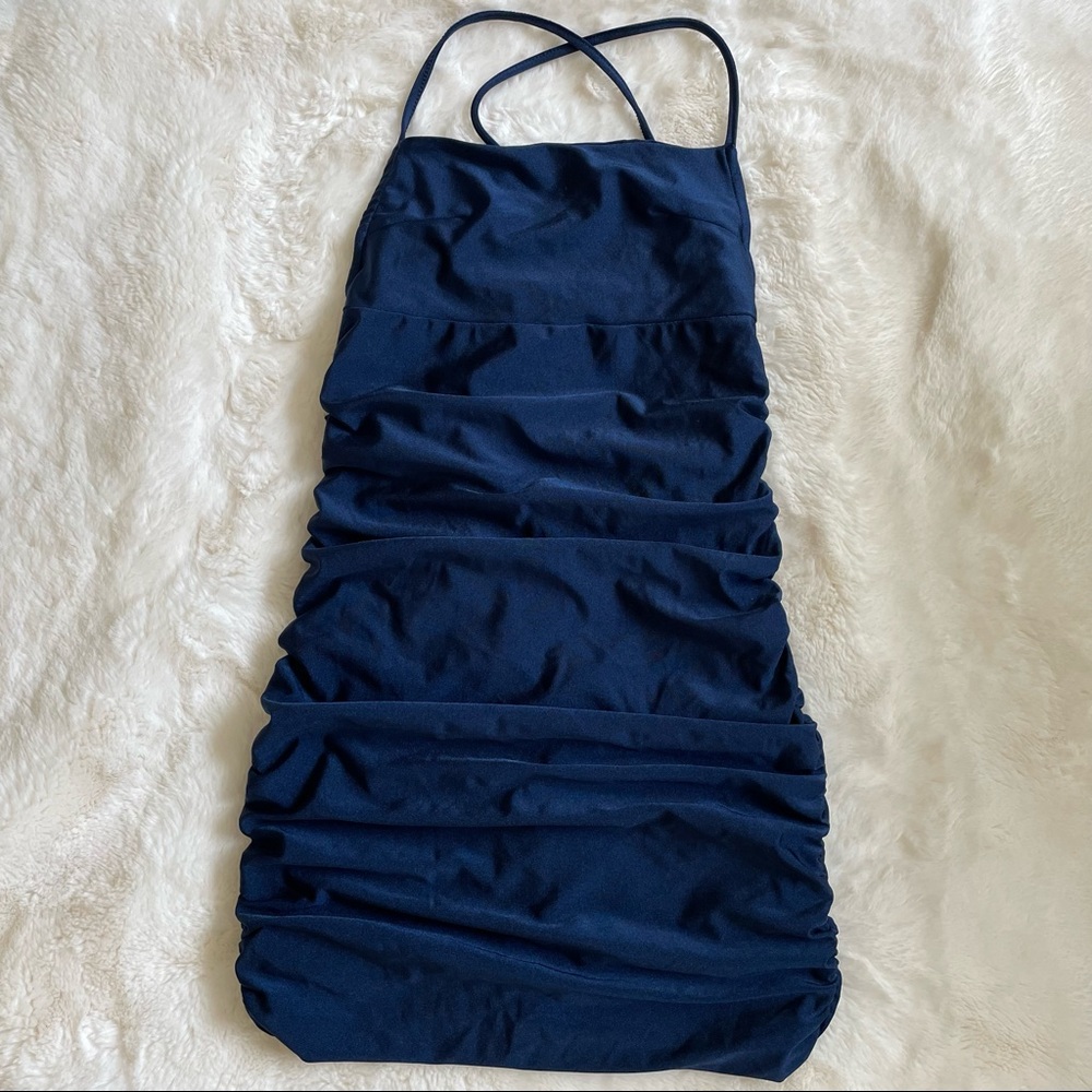Navy Blue Ruched Dress Tie Back Small